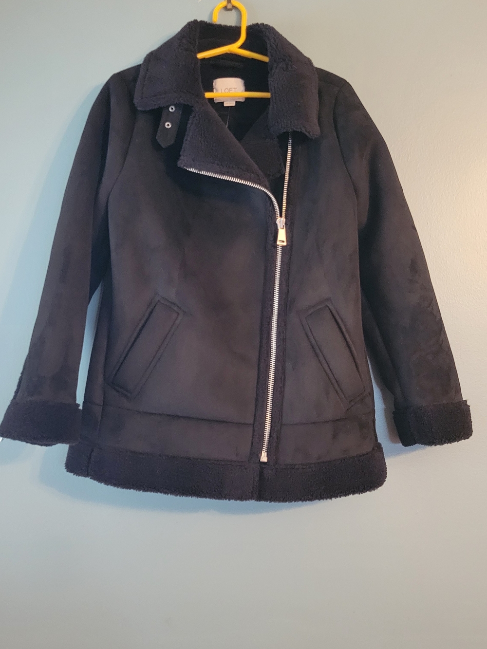 Loft Black Shearling-Trim Aviator Jacket